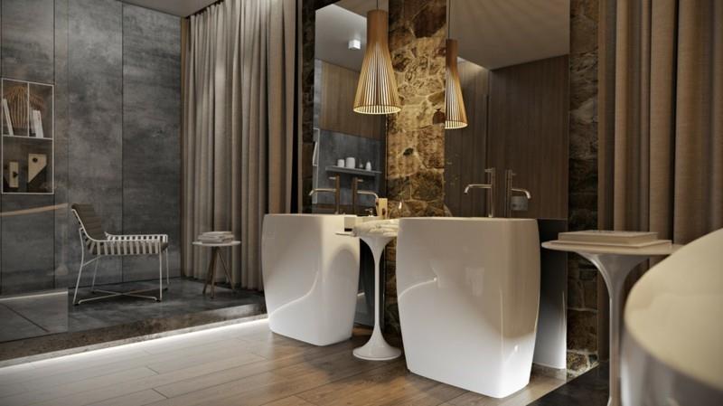 Πολυτελές μπάνιο ρουστίκ στυλ πέτρινο τοίχο μοντέρνα βρύση μπάνιου