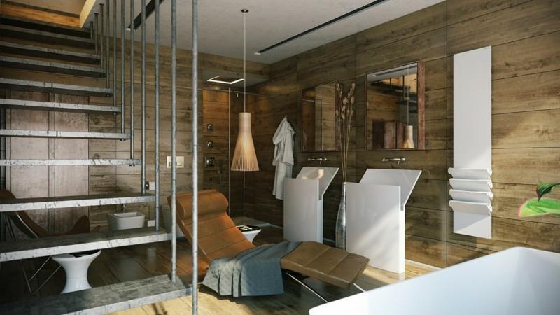 Πολυτελή μπάνια εικόνες έπιπλα μπάνιου μοντέρνο ξύλινο πάτωμα ξύλινοι τοίχοι ξαπλώστρα