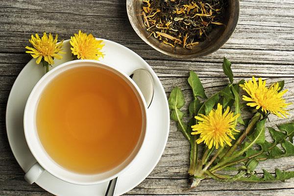 Πικραλίδα ένα πολυτάλαντο μεταξύ των φαρμακευτικών φυτών κίτρινα λουλούδια οδοντωτά αφήνει ένα φλιτζάνι τσάι