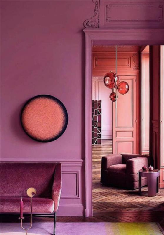 Περισσότερο χρώμα στο εσωτερικό μοντέρνο σαλόνι κομψά έπιπλα ροζ και μοβ κυριαρχούν