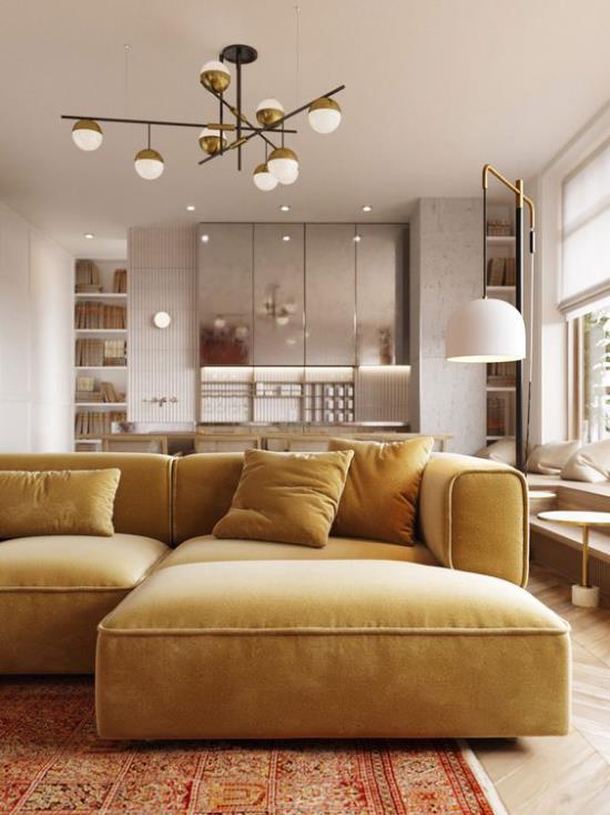 Περισσότερο χρώμα στο εσωτερικό Γωνιακός καναπές σε χρυσό κίτρινο Eye-catcher στο σαλόνι