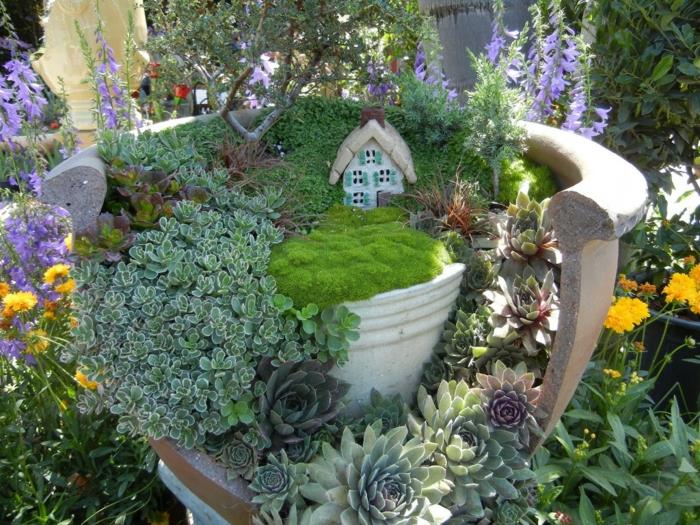 ιδέες ντεκό μίνι κήπος γλάστρα κάκτοι μικρό σπίτι