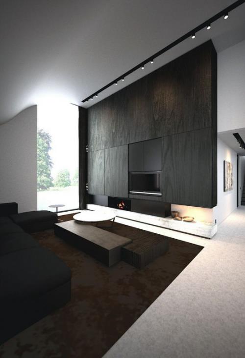 Μινιμαλισμός στο σαλόνι μεγάλο δωμάτιο τέλειος σχεδιασμός σκούροι τόνοι σε συνδυασμό με λευκό και γκρι