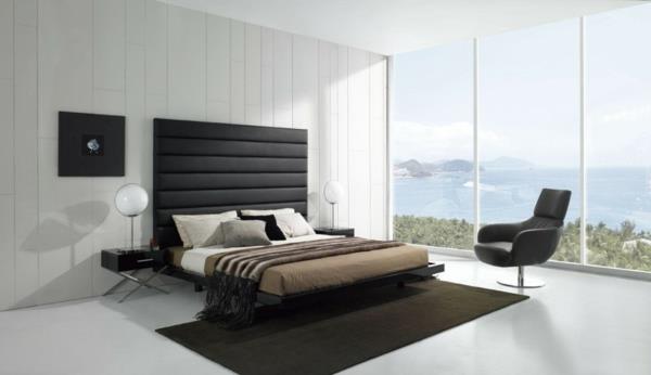 Μινιμαλιστικά κρεβάτια ιδέες κρεβατοκάμαρας χαλί καφέ παράθυρο θάλασσα