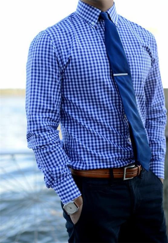 Ανδρικά πουκάμισα ανδρικά πουκάμισα μπλε καρό γραβάτα κομψή ανδρική μόδα