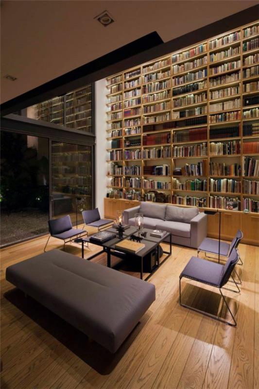 Μοντέρνα βιβλιοθήκη σπιτιού κομψή ατμόσφαιρα δωματίου τεχνητές ενσωματωμένες φωτεινές πινελιές