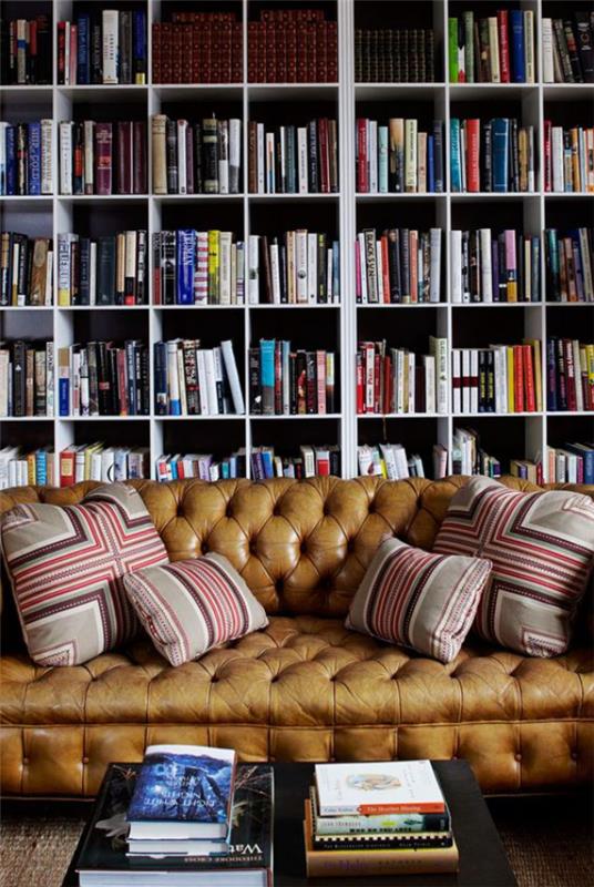 Μοντέρνα σπιτική βιβλιοθήκη κομψός δερμάτινος καναπές, μερικά μαλακά μαξιλάρια, πολλά βιβλία άνετα