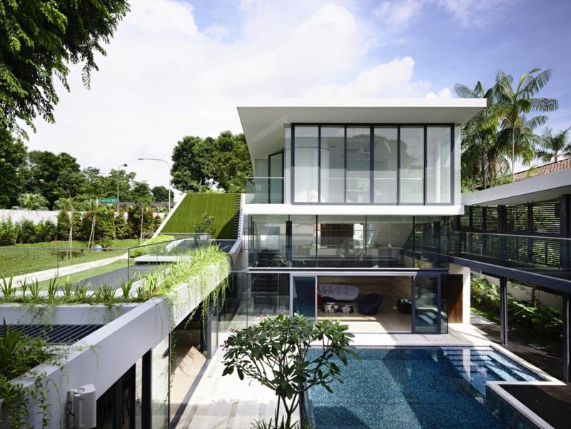 Μοντέρνα σπίτια χτίζουν αρχιτεκτονικά σπίτια βεράντα οροφής πρασινίζοντας πισίνα κήπου