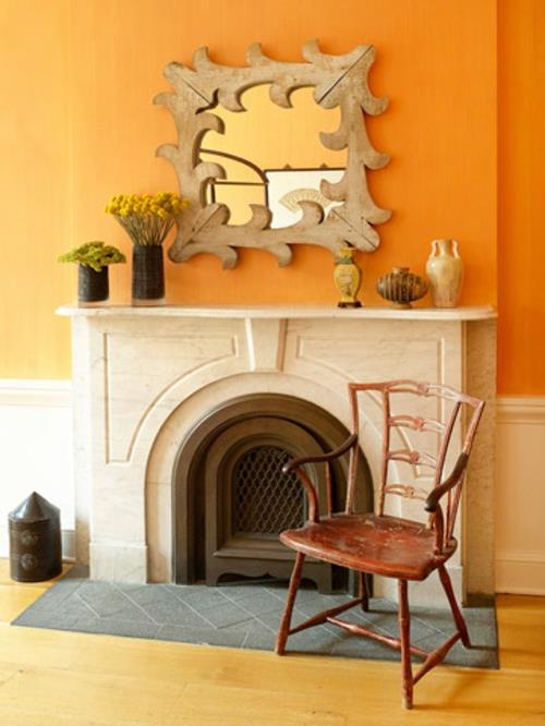 Μοντέρνο χρώμα τοίχου για το σπίτι φωτεινό πορτοκαλί ενσωματωμένο τζάκι καθρέφτη τοίχου