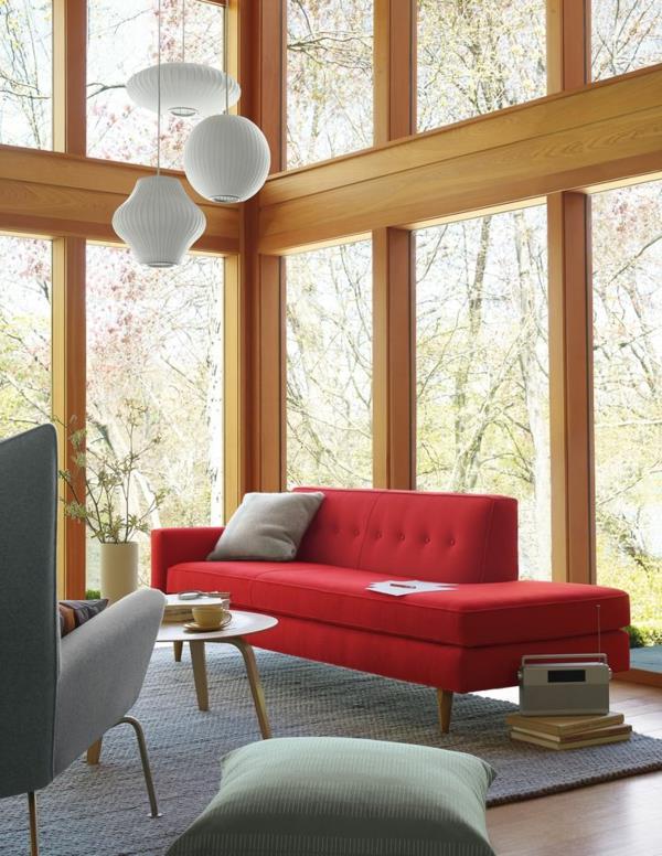 Σύγχρονος ξύλινος σκελετός παράθυρο σαλόνι έπιπλα κόκκινος καναπές