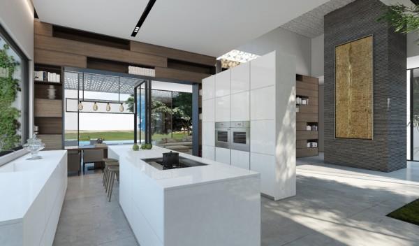 Μοντέρνο σπίτι δείχνει πλούσιο σχεδιασμό τοίχου κουζίνα νησί
