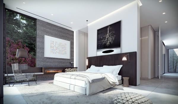 Το μοντέρνο σπίτι δείχνει άνετο υπνοδωμάτιο με πλούσιο σχεδιασμό τοίχων