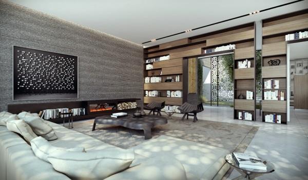 Το μοντέρνο σπίτι δείχνει πλούσιο σαλόνι με σχεδιασμό τοίχων