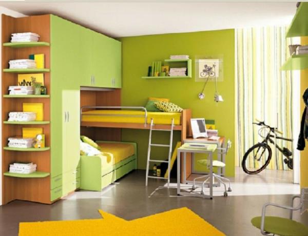 Πολυλειτουργική σχεδίαση κρεβατοκάμαρας πράσινες κίτρινες σκάλες κρεβατιού σοφίτας