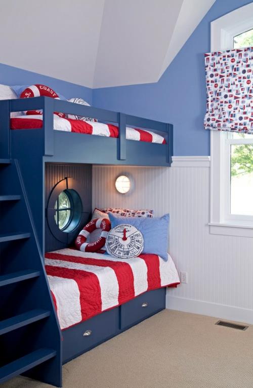 Νέο κρεβάτι στο υπνοδωμάτιο μονό κρεβάτι θαλάσσιο στυλ κόκκινα λευκά λινά