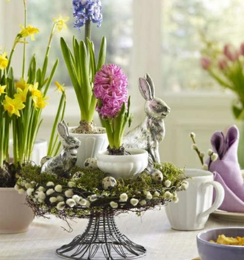 Πασχαλινά ανοιξιάτικα λουλούδια Πασχαλινό λαγουδάκι κεραμικά αυγά ορτυκιών
