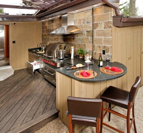 Εξωτερική εξωτερική κουζίνα δερμάτινο σκαμπό πλάτης ξύλινο δάπεδο