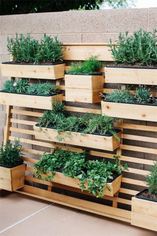 Outdoor - Trends 2020 Πράσινος τοίχος, ξύλινος τοίχος, ξύλινα κουτιά φυτεμένα με διάφορα πράσινα φυτά, όμορφο θέαμα