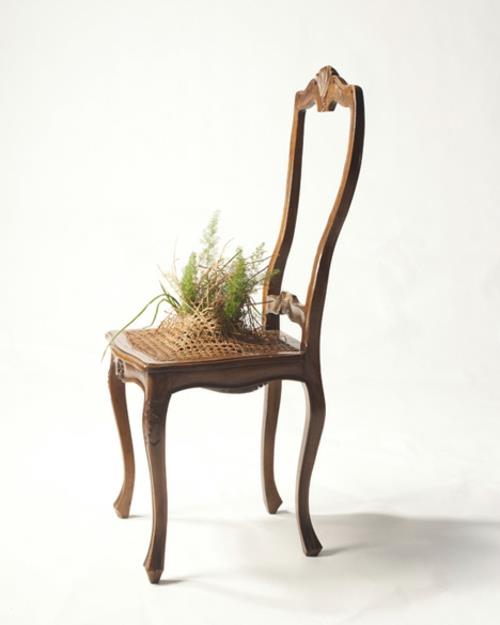 Τα ανακυκλωμένα έπιπλα χρησιμοποιούνται ως δοχείο φυτών σε μια κλασική καρέκλα