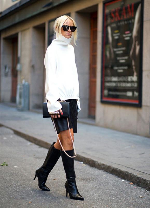Γυναικείες λευκές δερμάτινες μίνι φούστες μπότες Turtleneck
