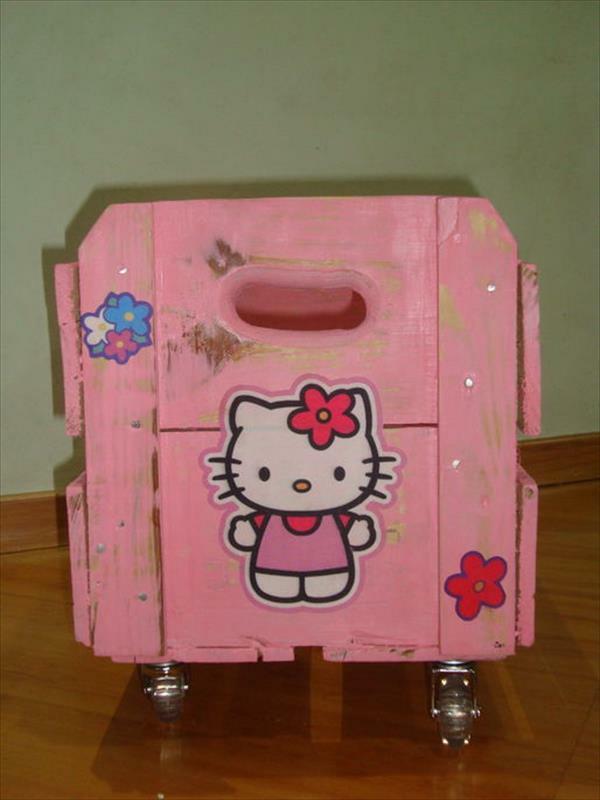 Ροζ κουτί αποθήκευσης με ρόδες από ξύλινες παλέτες hello kitty