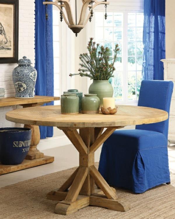 Στρογγυλά πορσελάνινα πράσινα τραπέζια τραπεζαρίας μπλε καλύμματα καρέκλας