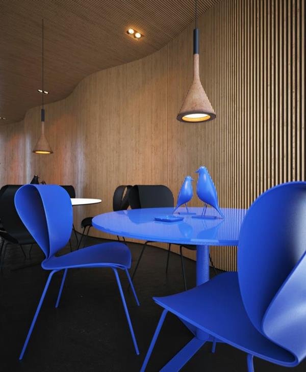 Στρογγυλό μοντέρνο τραπέζι τραπεζαρίας με μπλε υφή με λάκα