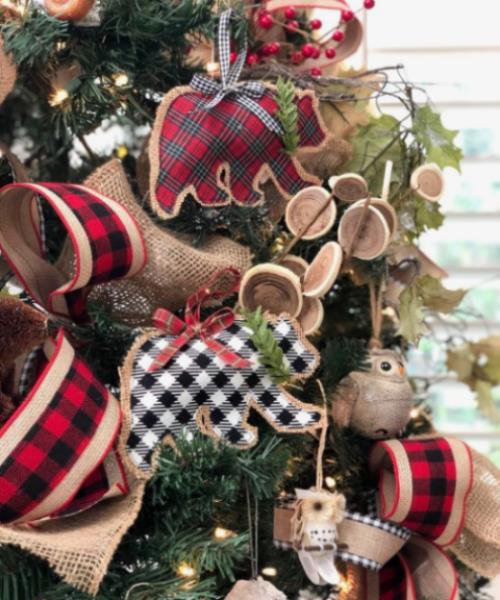 Ρουστίκ χριστουγεννιάτικα στολίδια από καρό ύφασμα κάνναβης, ξύλινα διακοσμητικά