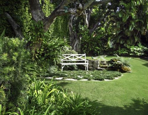 Ένας σκιώδης κήπος με τροπικά φυτά δημιουργεί έναν λευκό πάγκο