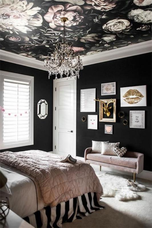 Ιδέες κρεβατοκάμαρας σε μαύρο και ροζ άνετο δωμάτιο διακόσμηση μαύρου τοίχου τοίχου