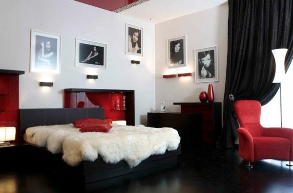 υπνοδωμάτιο με κλινοσκεπάσματα σε κόκκινες και άσπρες φωτογραφίες ζωγραφικής
