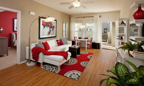 κόκκινο μοντέρνο υπνοδωμάτιο σαλονιού σε κόκκινο και λευκό φωτιστικό δαπέδου