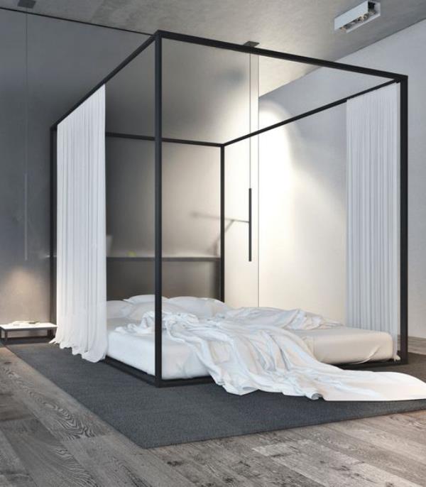 Μινιμαλιστικό υπνοδωμάτιο με κρεβάτι με ουρανό και απλό σχέδιο ταιριάζει καλά στο υπνοδωμάτιο
