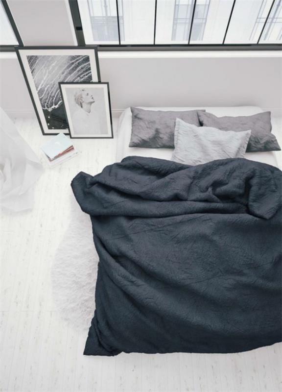 Υπνοδωμάτιο μινιμαλιστικό τρία χρώματα κυριαρχούν λευκό γκρι μαύρο κρεβάτι ύπνου
