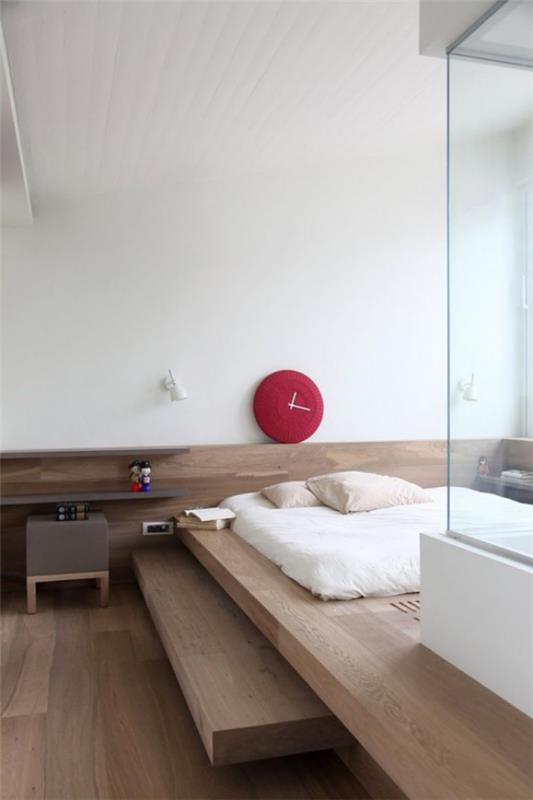 Υπνοδωμάτιο μινιμαλιστική επίπλωση από ανοιχτόχρωμο ξύλο απλό σχέδιο ύπνου