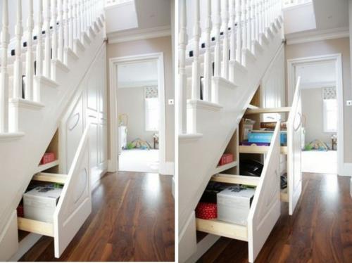 Ωραίες πρακτικές ιδέες για χώρο αποθήκευσης κάτω από τις σκάλες ξύλο λευκό