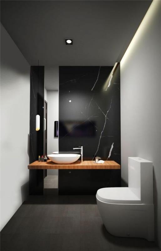 Μαύρος τοίχος Μοντέρνος τοίχος τουαλέτας μπάνιου από μαύρο μαρμάρινο πλακάκι δαπέδου σε ανθρακί λευκό νιπτήρα ξύλινη ματαιοδοξία