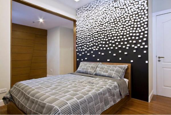 Μαύρος τοίχος μοντέρνος τοίχος υπνοδωματίου με λευκά στολίδια πολύ ξύλο στο δωμάτιο οπτική αντιστάθμιση