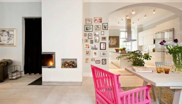 Σκανδιναβικός εσωτερικός σχεδιασμός με πολύχρωμες πινελιές ξύλινη καρέκλα ροζ
