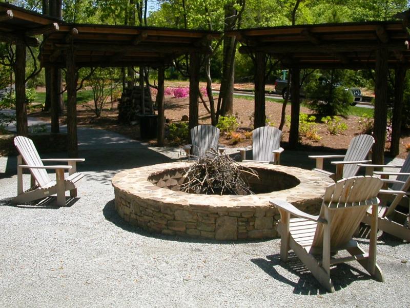 Πέτρινο τζάκι χτισμένο σχέδιο κήπου με πέτρες καρέκλες κήπου ξύλο