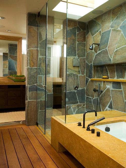 Πέτρα στο μπάνιο Πέτρινες πλάκες στους τοίχους Ξύλινο πάτωμα Γυάλινη καμπίνα ντους Μοντέρνο σχέδιο μπάνιου επίσης corel σύρετε το διάνυσμα απεικόνισης