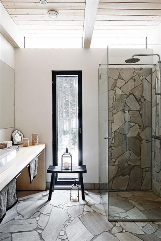Πέτρα στο μπάνιο πέτρινες πλάκες ενδιαφέρουσες κόκκους όμορφο λουτρό σχεδιασμό γυαλί ξύλο