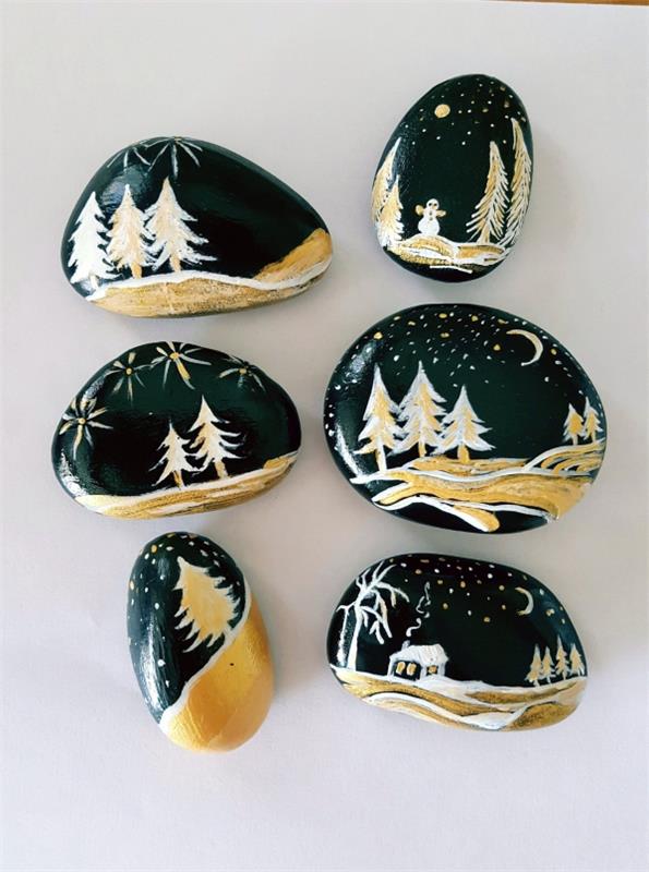 Πέτρες ζωγραφικής για τα Χριστούγεννα - καλλιτεχνικές ιδέες και συμβουλές για εορταστική χειμερινή διακόσμηση κομψή διακόσμηση μαύρου λευκού χρυσού