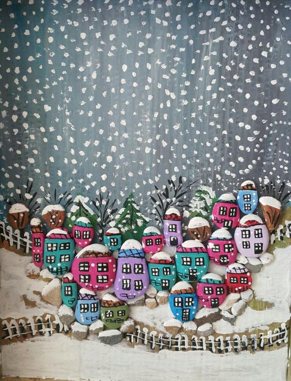 Ζωγραφική πέτρες για τα Χριστούγεννα - καλλιτεχνικές ιδέες και συμβουλές για μια εορταστική χειμερινή διακόσμηση Χριστουγεννιάτικο χωριό τοπίο του χωριού πολλές μικρές πέτρες