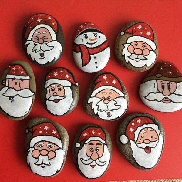 Πέτρες ζωγραφικής για τα Χριστούγεννα - καλλιτεχνικές ιδέες και συμβουλές για εορταστική χειμερινή διακόσμηση Άγιος Βασίλης διαφορετικά πρόσωπα
