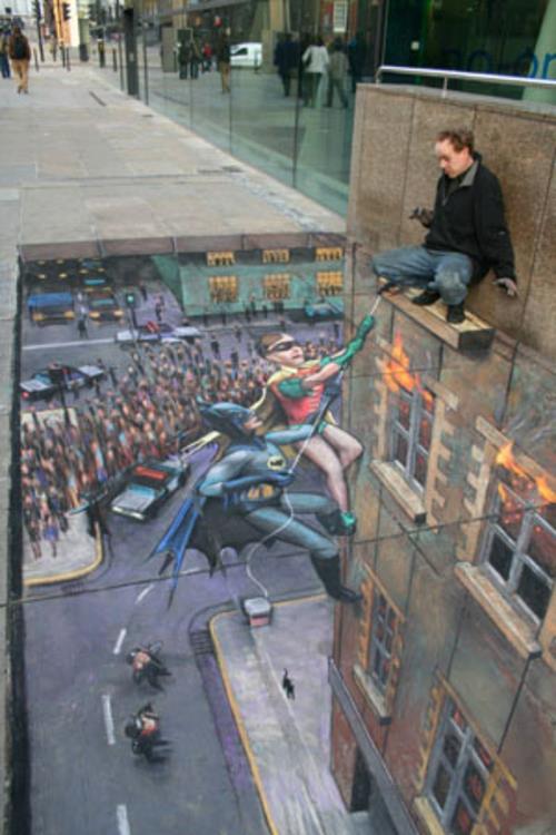 Street art με τρισδιάστατο εφέ από τον Julian Beever batman robin