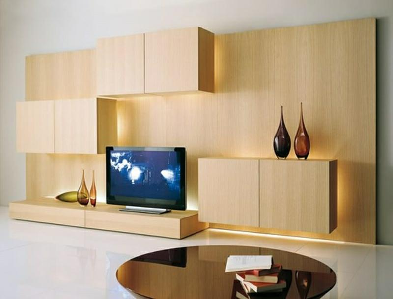 Σύστημα τηλεόρασης τοίχου ξύλο έμμεσος φωτισμός έπιπλα σαλονιού τραπεζάκι σαλονιού