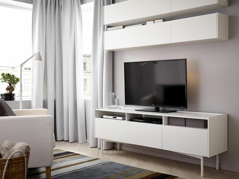 Μονάδα τοίχου τηλεόρασης λευκό έπιπλα σαλόνι πολυθρόνα μοκέτα δρομέας