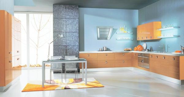 μπλε έπιπλα τοίχου χρώμα ξύλινο ντουλάπι κουζίνας καφέ