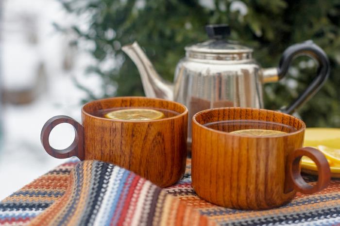 Δύο φλιτζάνια τσάι σε ένα τραπέζι στον χειμερινό κήπο